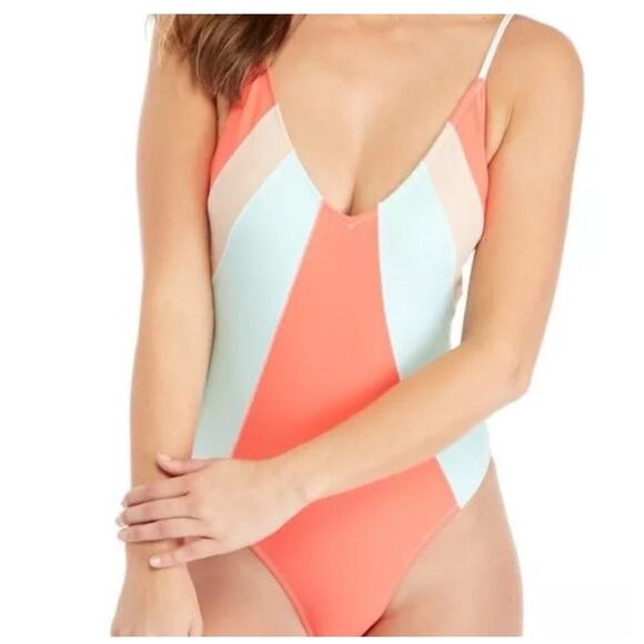NWOT 90s Womens Malibu Dream Girl Retro Colorblock Swimsuit Large Neon Pink Teal - Picture 1 of 8
